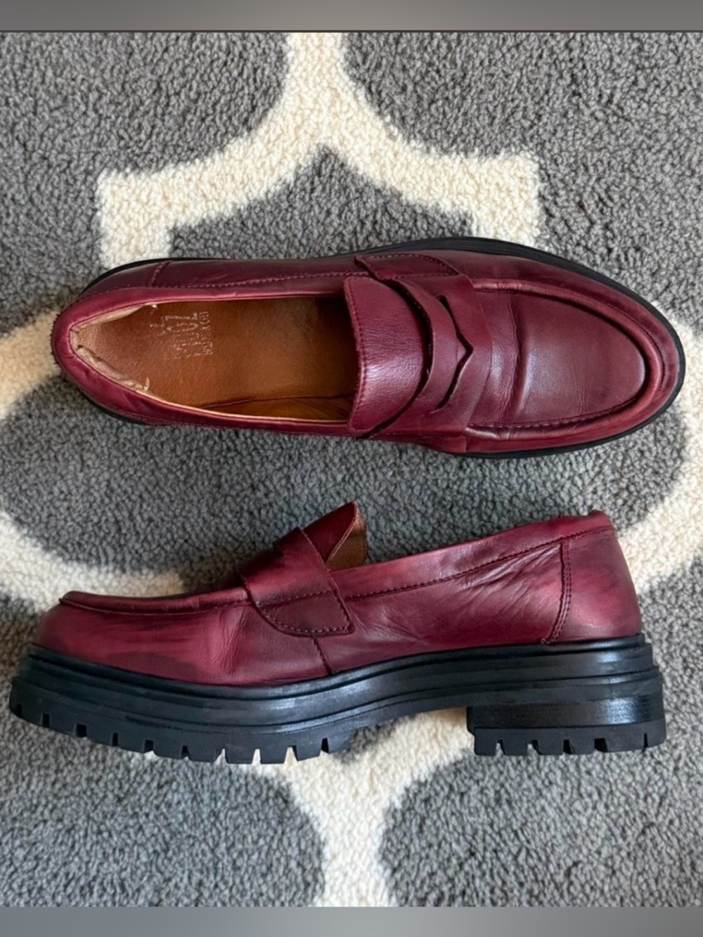 Miz Mooz UK Burgundy Leather Lug-Sole Penny Loafers